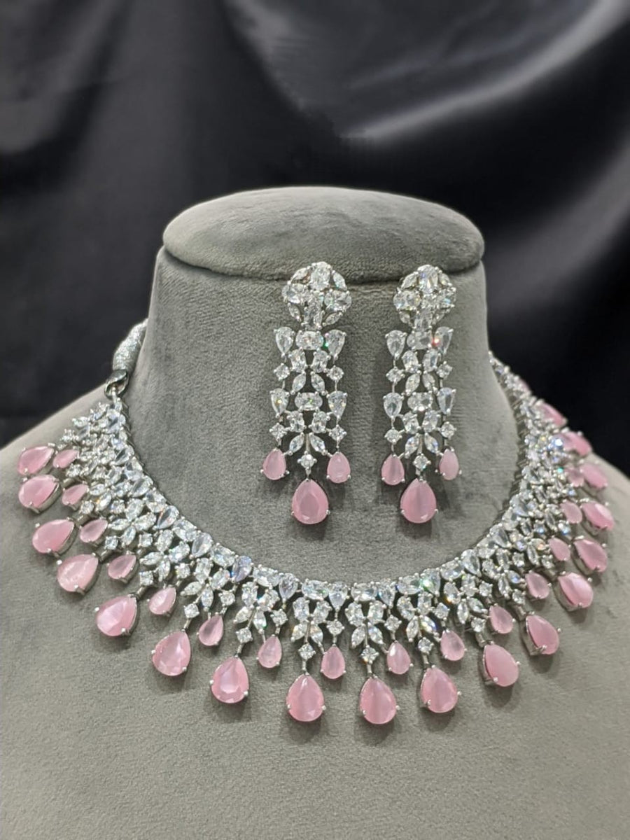 Indian Traditional Silver & Pink American Diamond Necklace &  Earring Jewelry Set