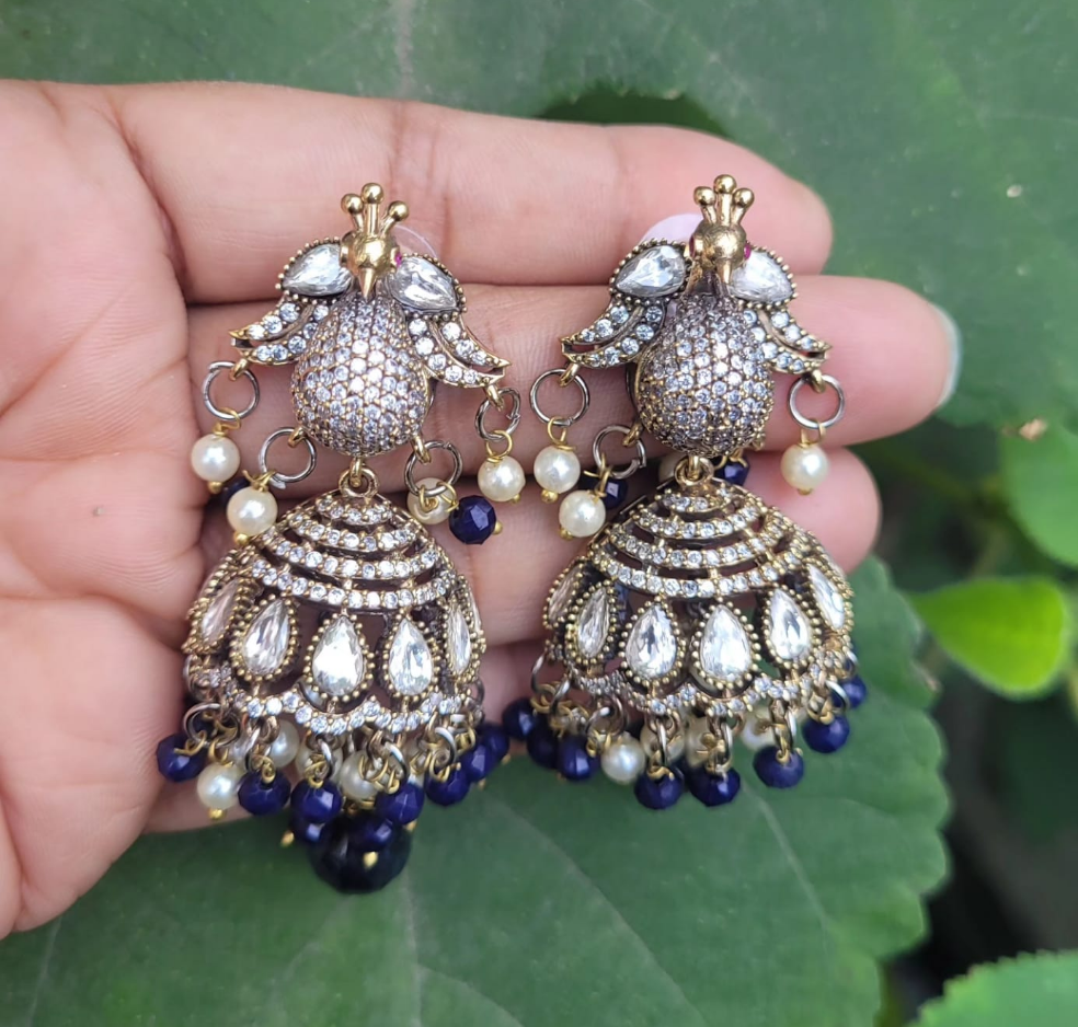 Blue Polki Jhumka Earrings