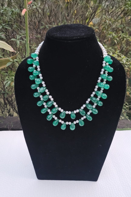 Natural Green Drops and Precious pearls Double Layered necklace set