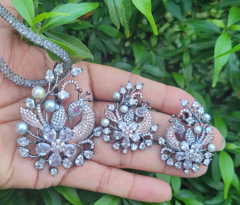 Peacock Diamond Pendant Necklace Set with chain