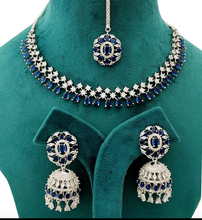 Load image into Gallery viewer, Blue Silver plated cz diamond Necklace set with Maangtika