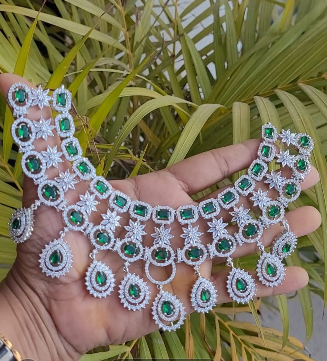 Isha Green Cubic zirconia  Diamond Necklace set with maangtikka