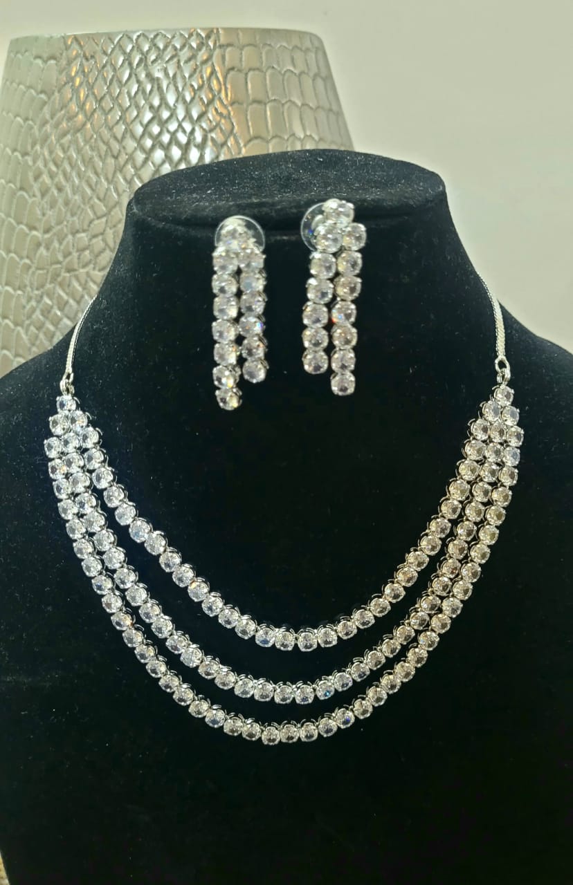 Triple Layered White Diamond Necklace set