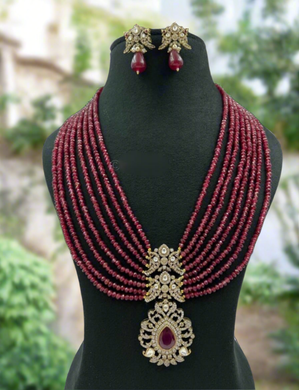 Red Kundan Polki long beaded diamond Necklace set