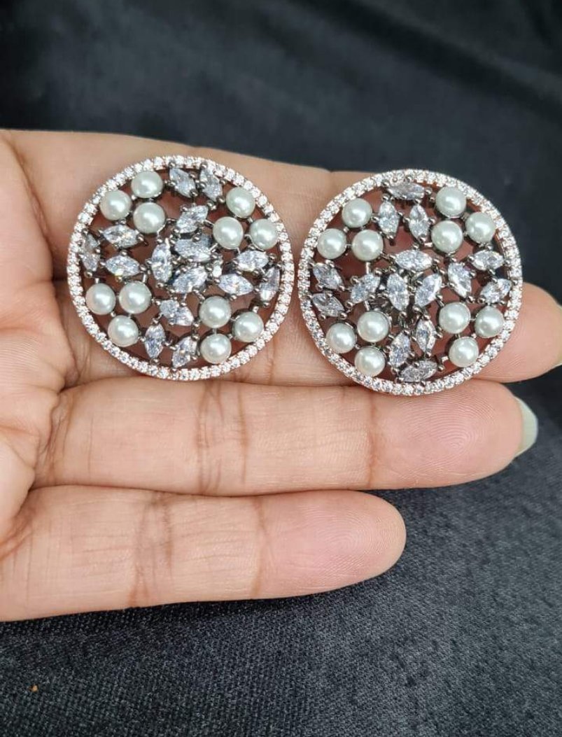 Circular diamond and pearls Dual plated Studs Earrings