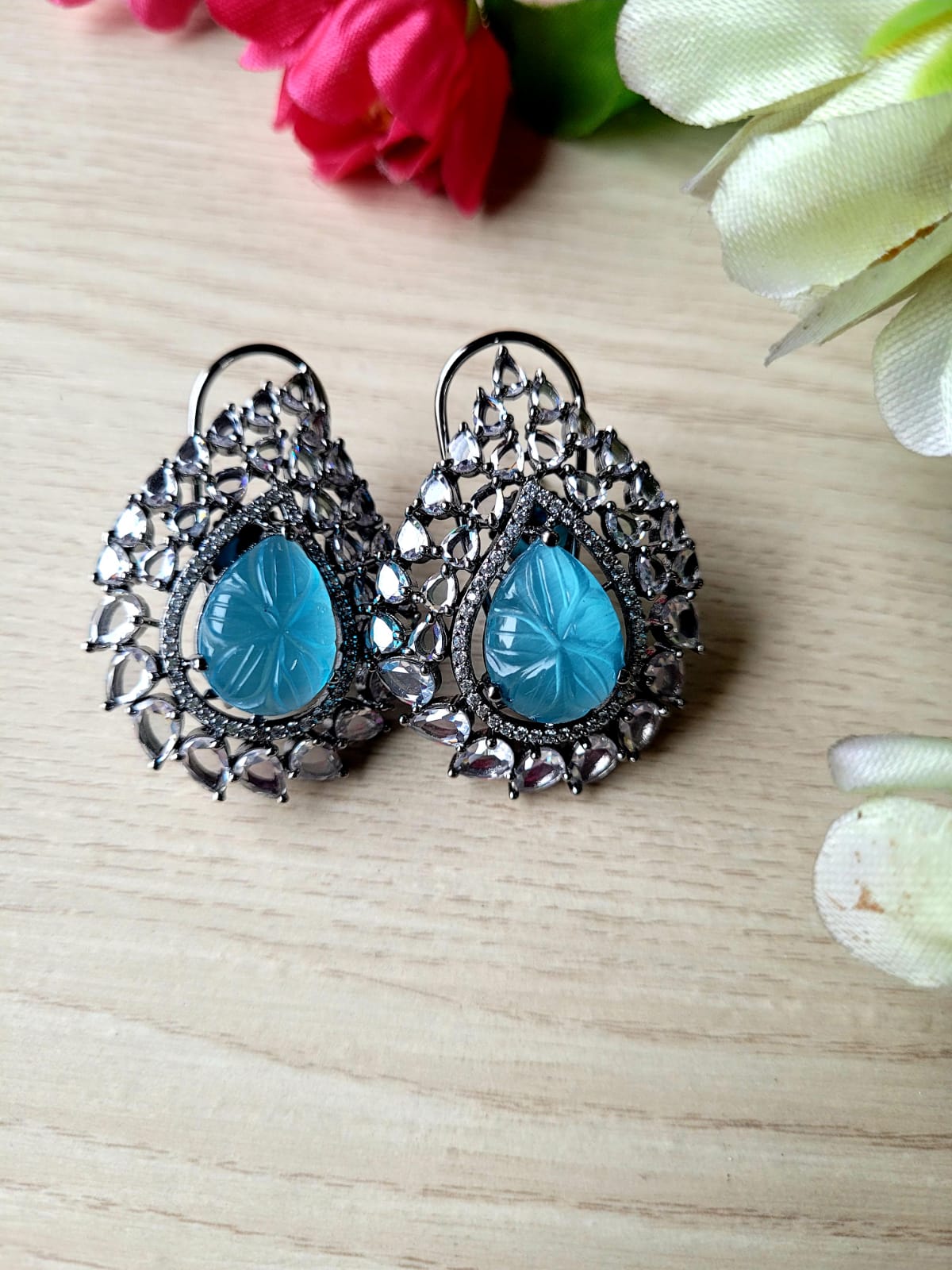 Blue Stone Studded German Silver Stud Earrings  StylishKudi