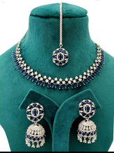 Load image into Gallery viewer, Blue Silver plated cz diamond Necklace set with Maangtika